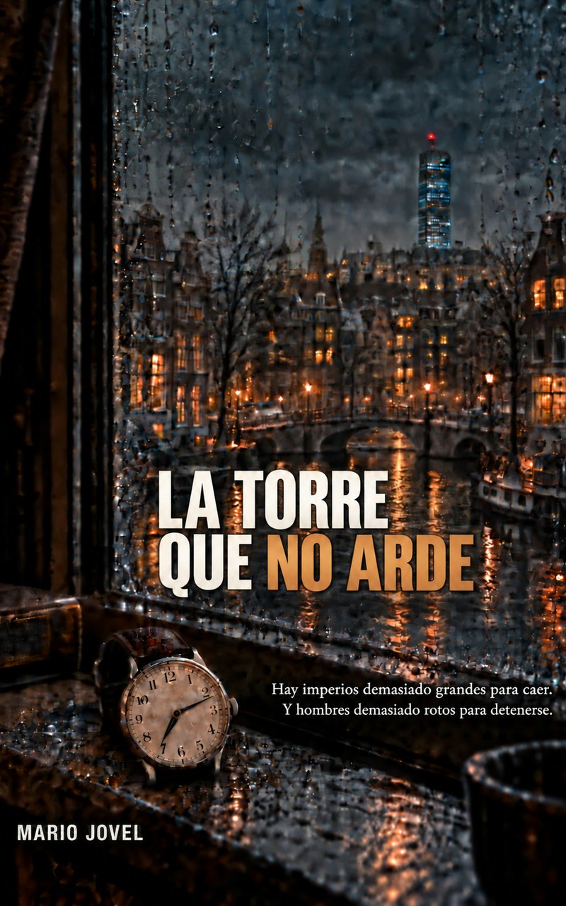Cubierta de La torre que no arde, de Mario Jovel: una torre azul sobre los canales de Ámsterdam, lluvia en el cristal y un reloj en primer plano.